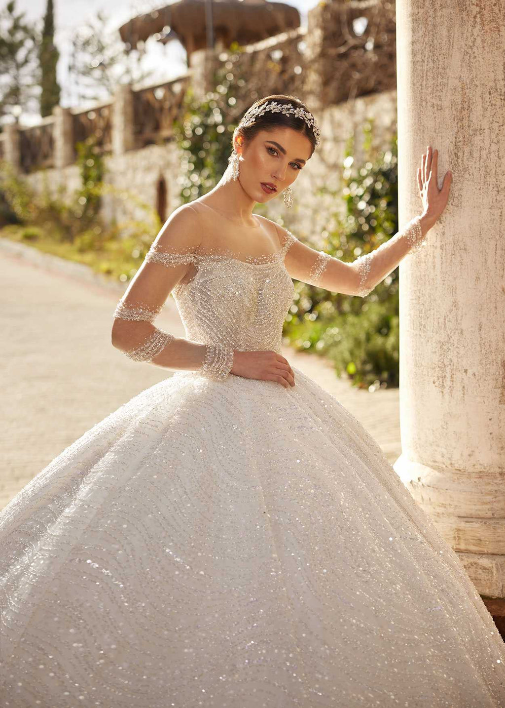 buy Elegant Volumed Illusion Lace Glitter Bridal Princess Wedding Gown With Sleeves