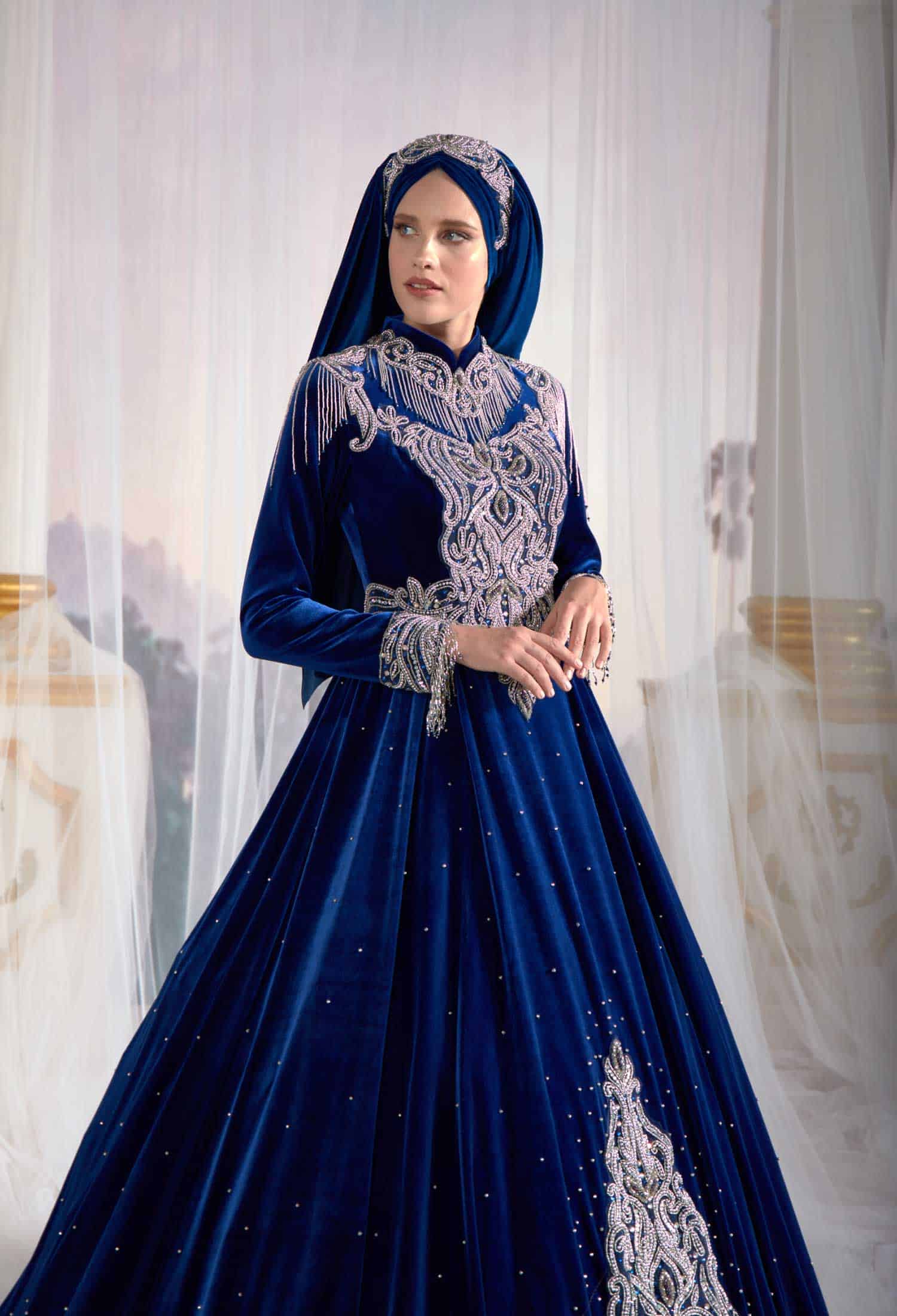 Dark Blue Long Sleeve Velvet Hijab Muslim Evening Ottoman Caftan Dress – Sultan Dress