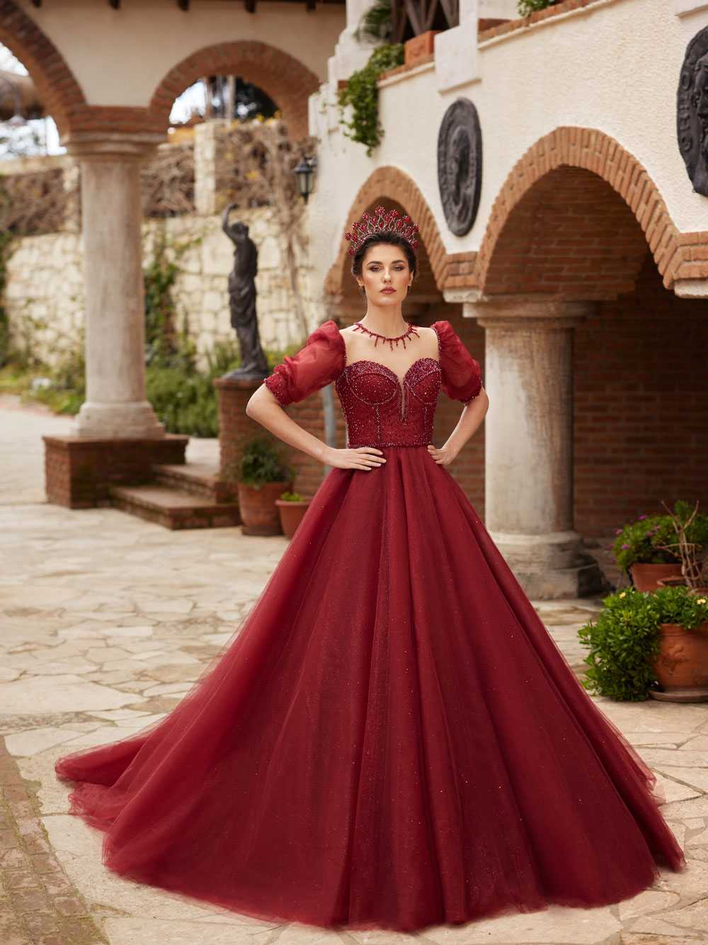 buy floor length Maroon Sweetheart A Line Tulle Sequin Prom Dress Wedding Gown with short sleeves summer party gowns online boutique