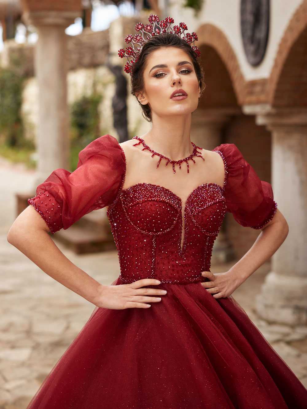 buy Maroon Sweetheart Neckline A Line Tulle Sequin Work Prom Wedding Gown Dress with illusion tulle online prom gowns boutique