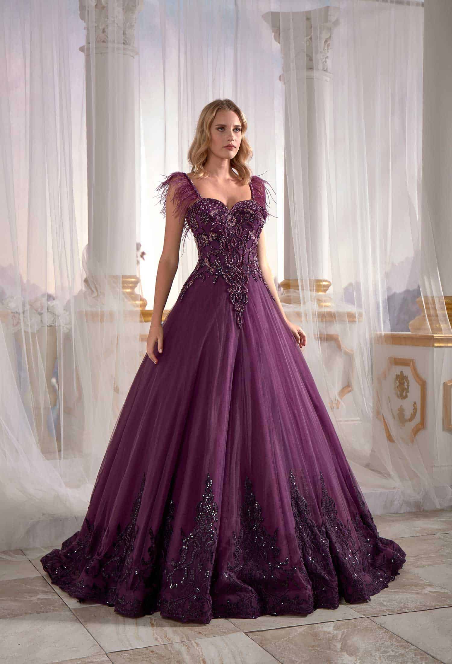 long gown dress online shopping Purple Tulle On Velvet Ball Gown Needle & Thread Embroidered Exclusive Dress (1)