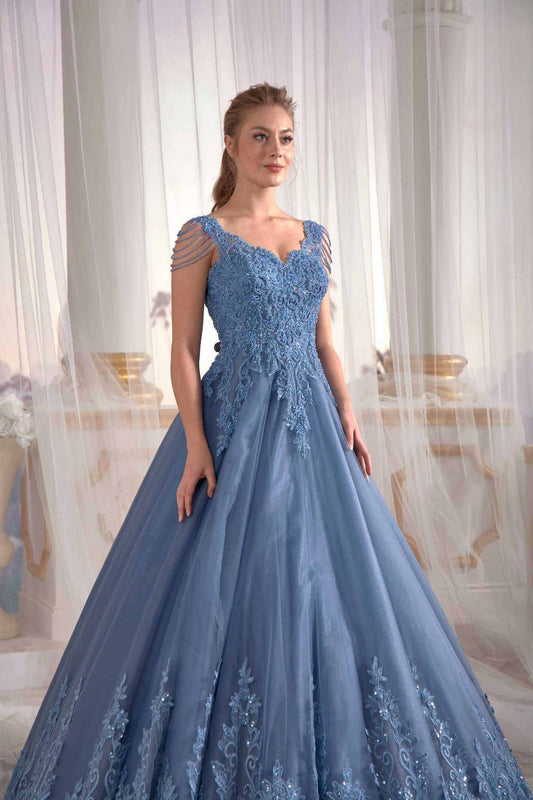 long gown dresses online Anthracite Blue Low Sleeve Halter Long Evening Dress Needle & Thread embroidered (2)