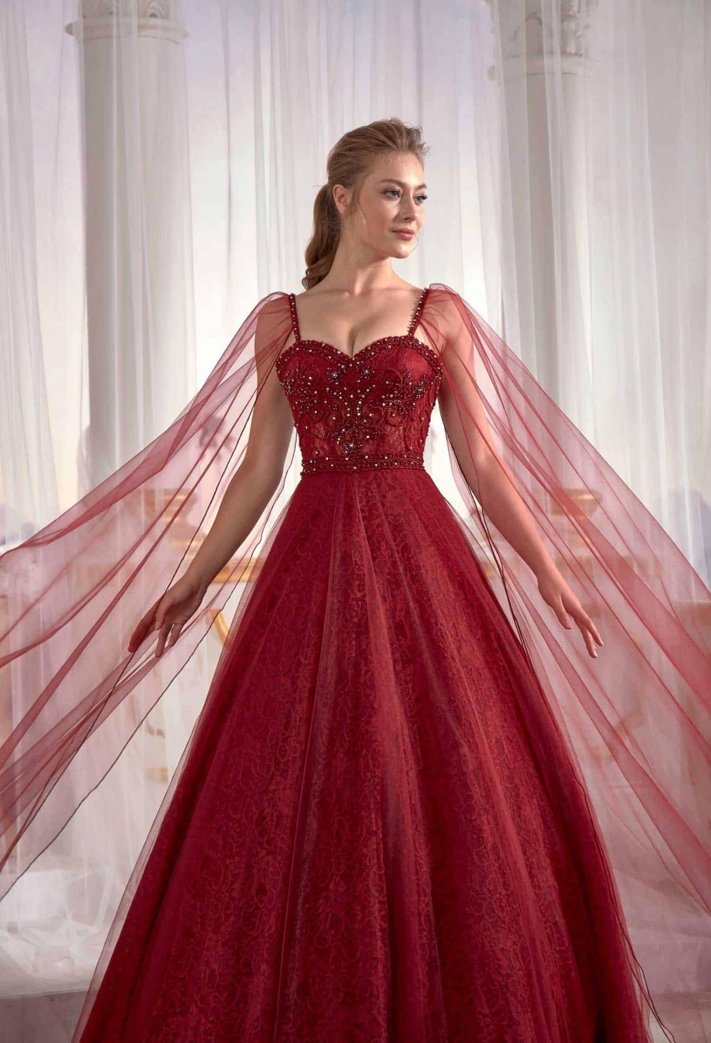 long gown dresses online Burgundy Prom Dress Cold Shoulder Straps Lace Appliques Tulle Veil Embellished Top Detail (1)