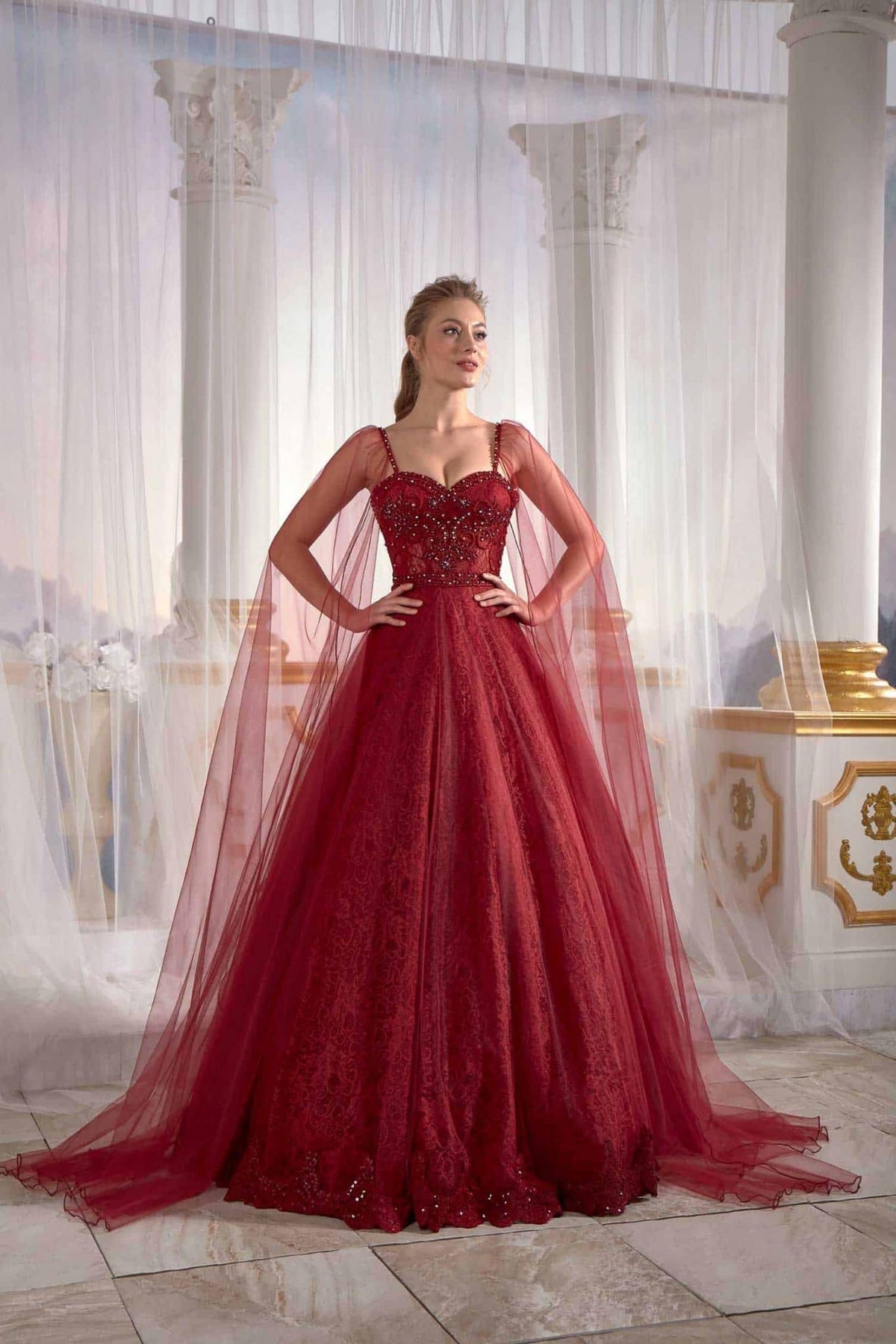 long gown dresses online Burgundy Prom Dress Cold Shoulder Straps Lace Appliques Tulle Veil Embellished Top Detail (2)