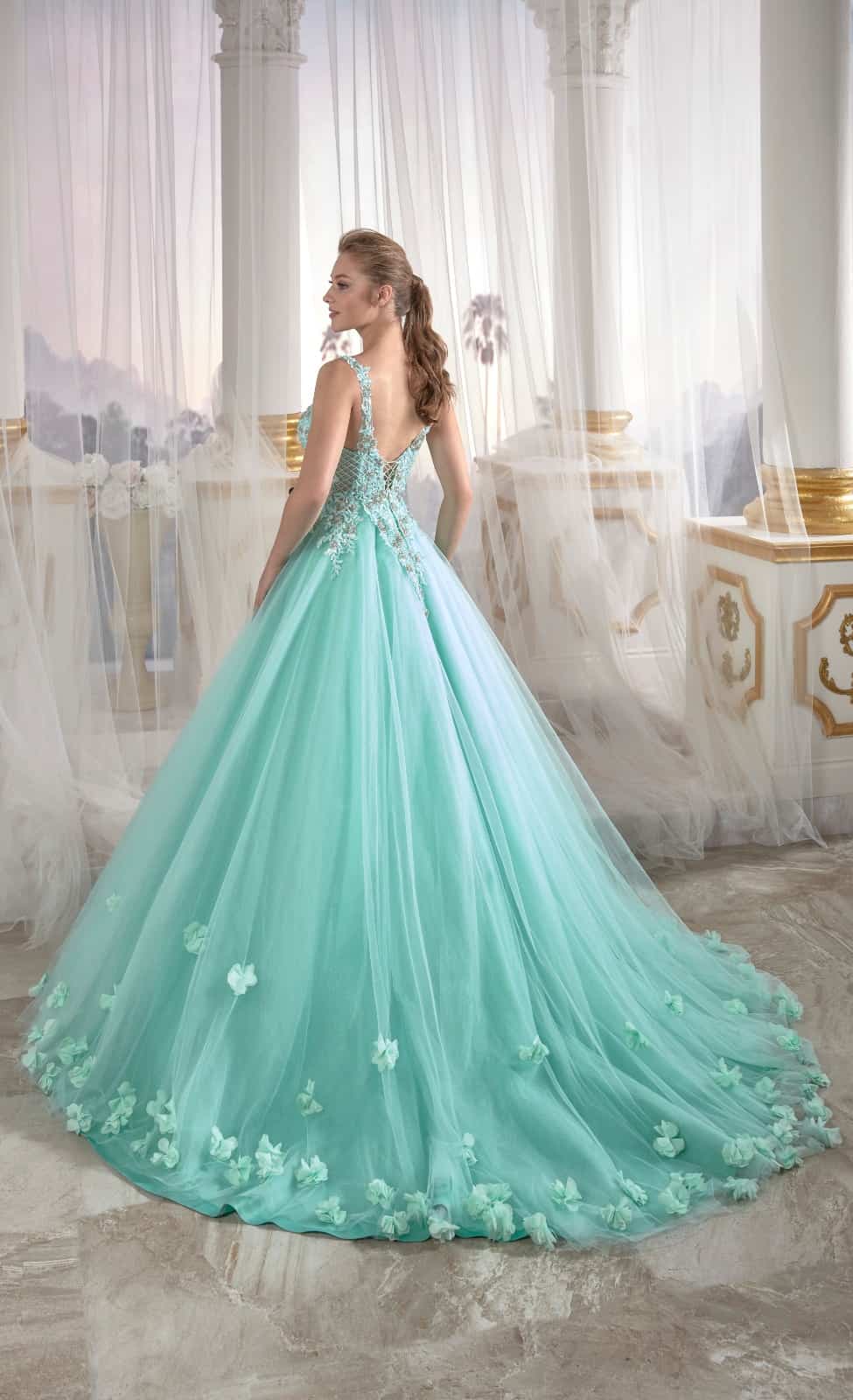 Eau De Nil Tulle Engagement Dress Pleated Open Back Embellished Top De Sultan Dress Eau De Nil Tulle Engagement Dress Pleated Open Back Embellished Top De Sultan Dress