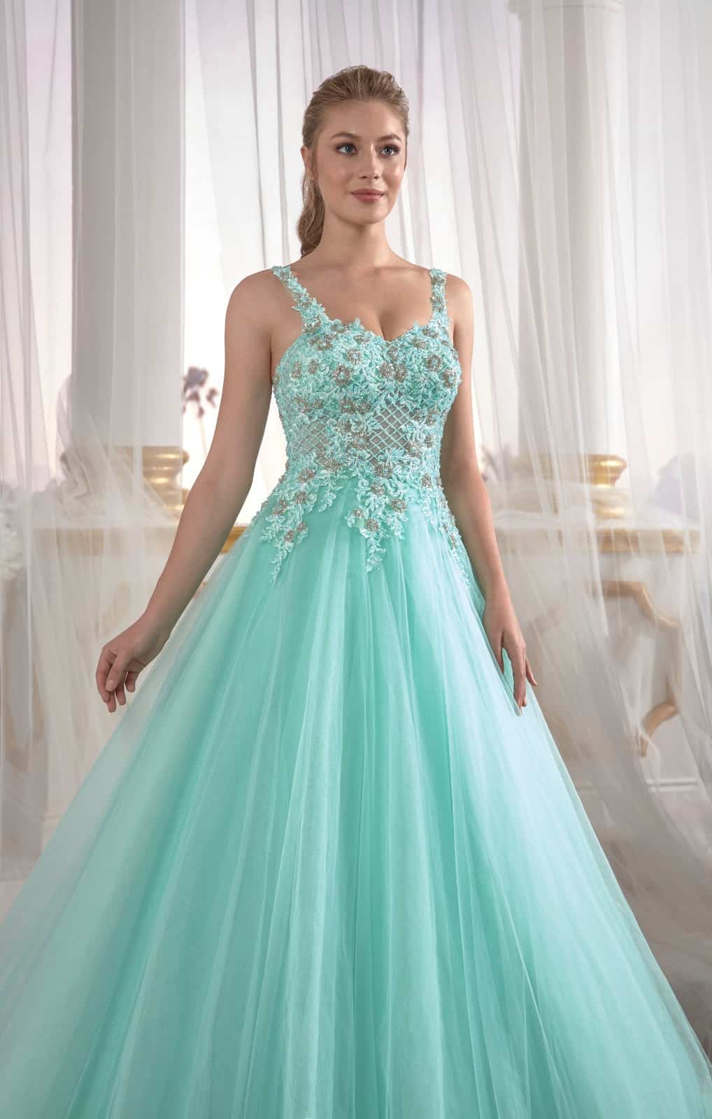 Eau De Nil Tulle Engagement Dress Pleated Open Back Embellished Top De Sultan Dress Eau De Nil Tulle Engagement Dress Pleated Open Back Embellished Top De Sultan Dress