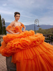 buy Stylish Unique Off Shoulder Orange Tulle Wedding Ball Gown Prom Dress onlne boutique