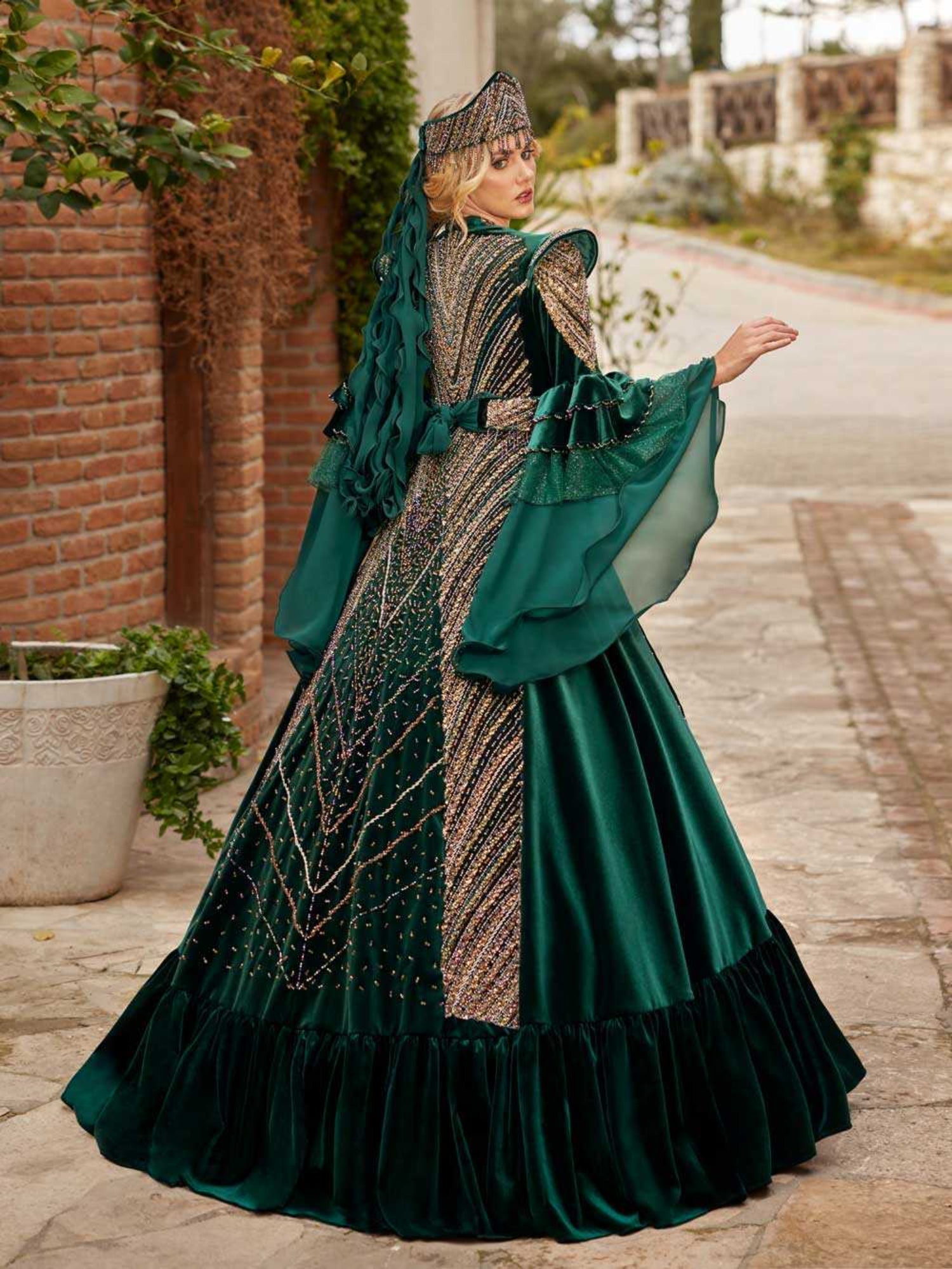 Dark Green Gold Beaded Fancy Embellished Henna Formal Evening Gown 42