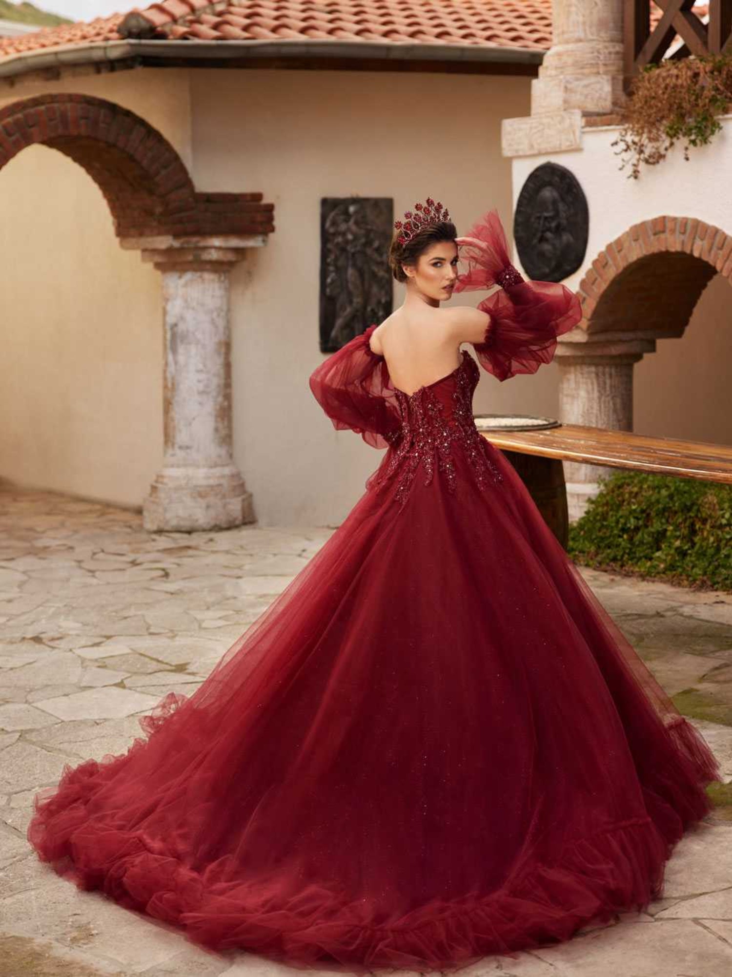Maroon Strapless Bodice Sequin Embellished Tulle Long Ball Gown 42