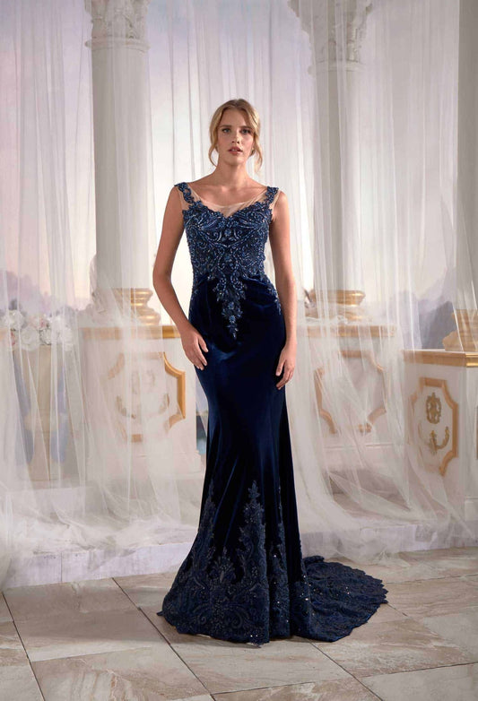 Navy Blue Mermaid Maxi Prom Dress Velvet Open Back Needle Thread Emb Sultan Dress