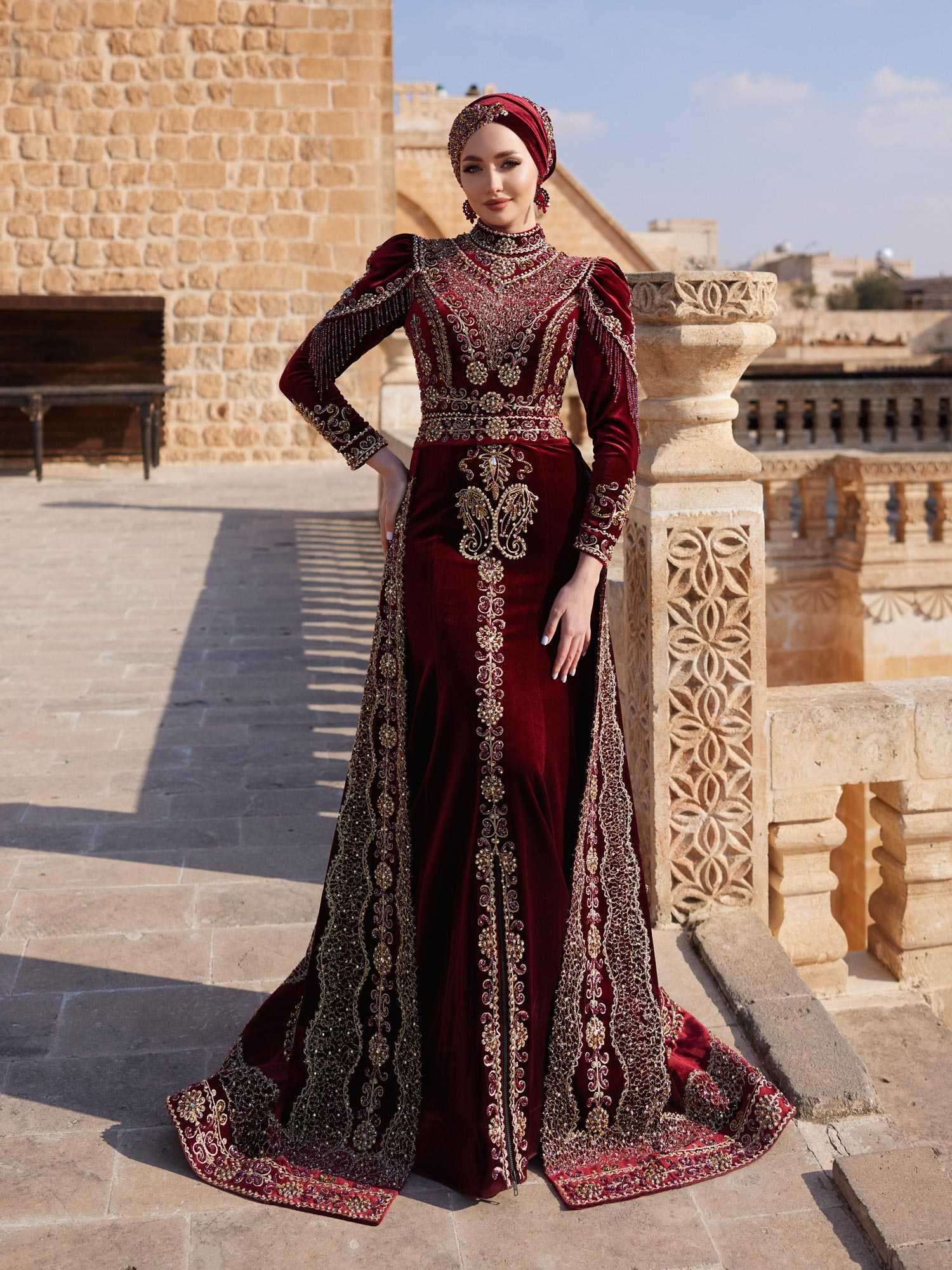 buy Luxury Gold Lace Applique Hand Embroidered Mermaid Model Velvet Muslim Hijab Evening Formal Party Dresses plus sizes glamorous henna dress with detachable train online henna gowns shop