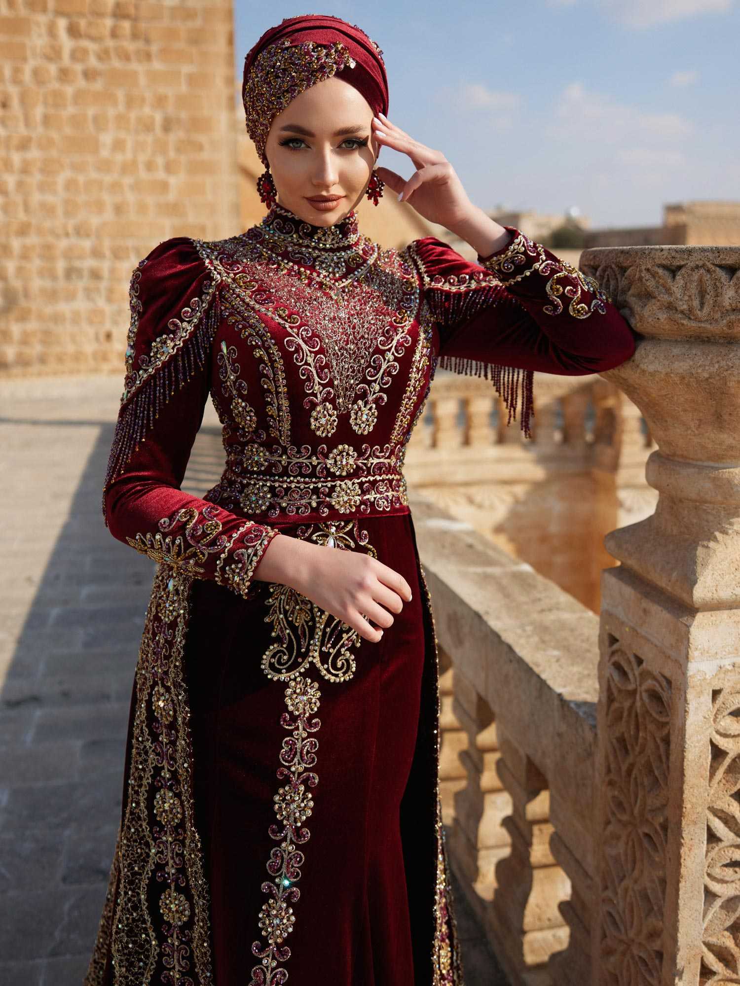 maxi luxury maroon islamic muslim mermaid hand embroidered gold sequin long tail velvet with beautiful long sleeve hijab wedding henna engagement evening dress (7)