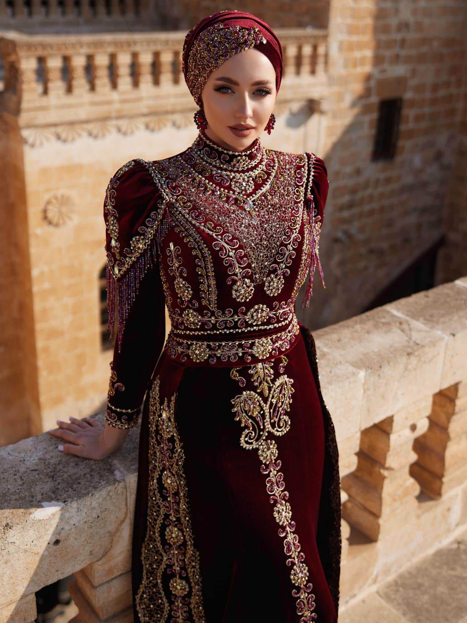 maxi luxury maroon islamic muslim mermaid hand embroidered gold sequin long tail velvet with beautiful long sleeve hijab wedding henna engagement evening dress (8)