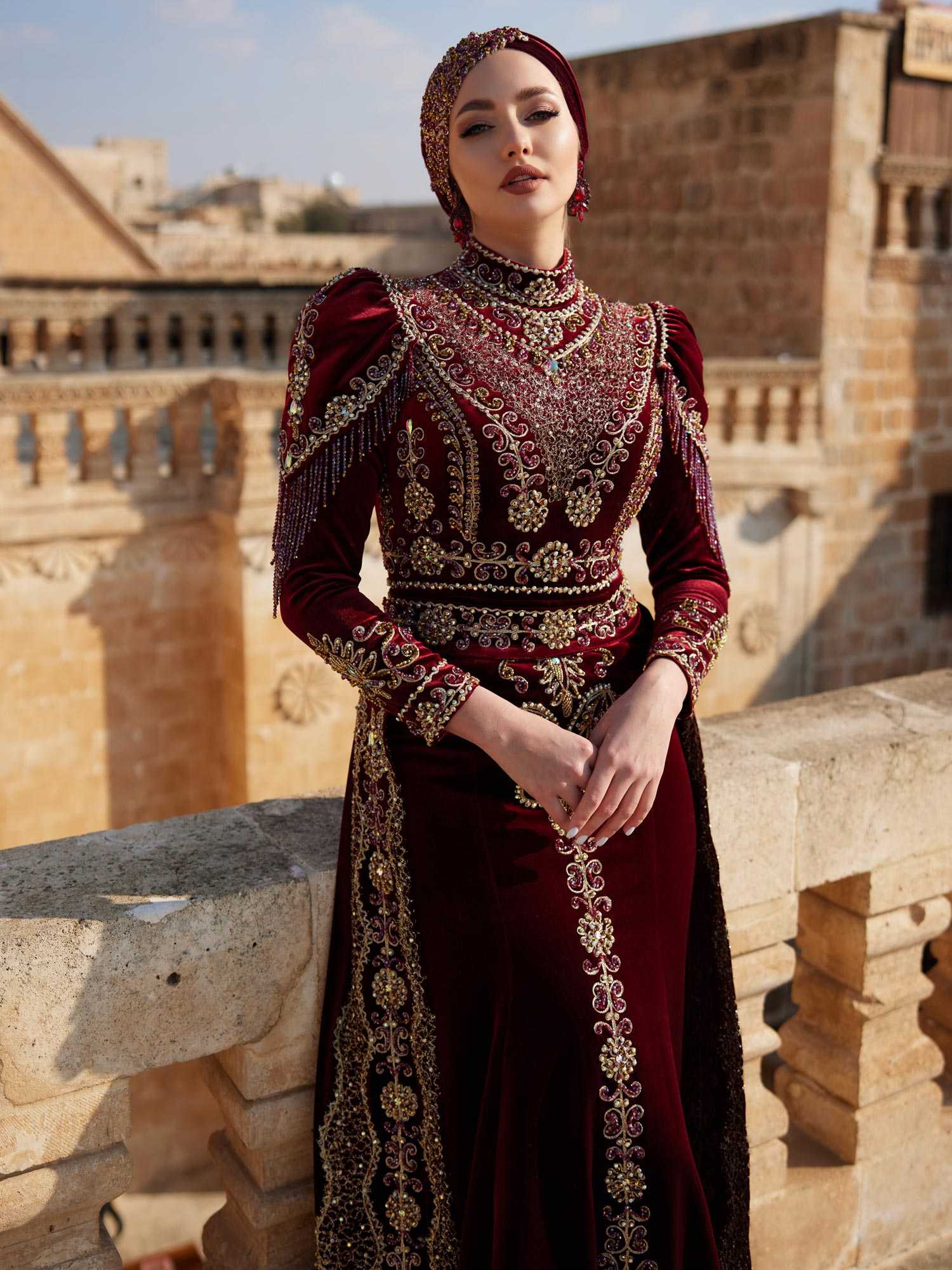 maxi luxury maroon islamic muslim mermaid hand embroidered gold sequin long tail velvet with beautiful long sleeve hijab wedding henna engagement evening dress (9)