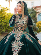 Full-length front profile of the modest Muslim emerald green Juliet sleeve bridal henna ball gown by Sultan Dress.shopping 