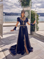 buy Navy Blue Long Tail Ethnic Slash Night Dress Caftan with chapel train online formal dresses 