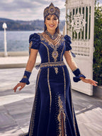 buy Navy Blue Traditional Embellished chapel train Slash Night Dress with detachable train  online wedding dresses store