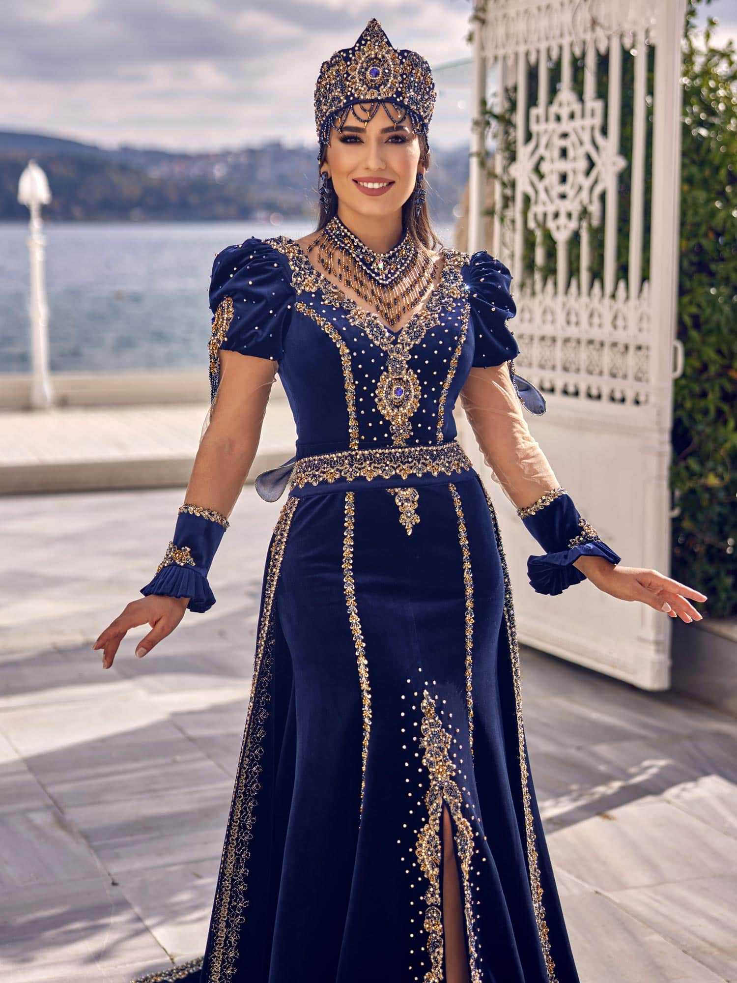 buy Navy Blue Traditional Embellished chapel train Slash Night Dress with detachable train  online wedding dresses store