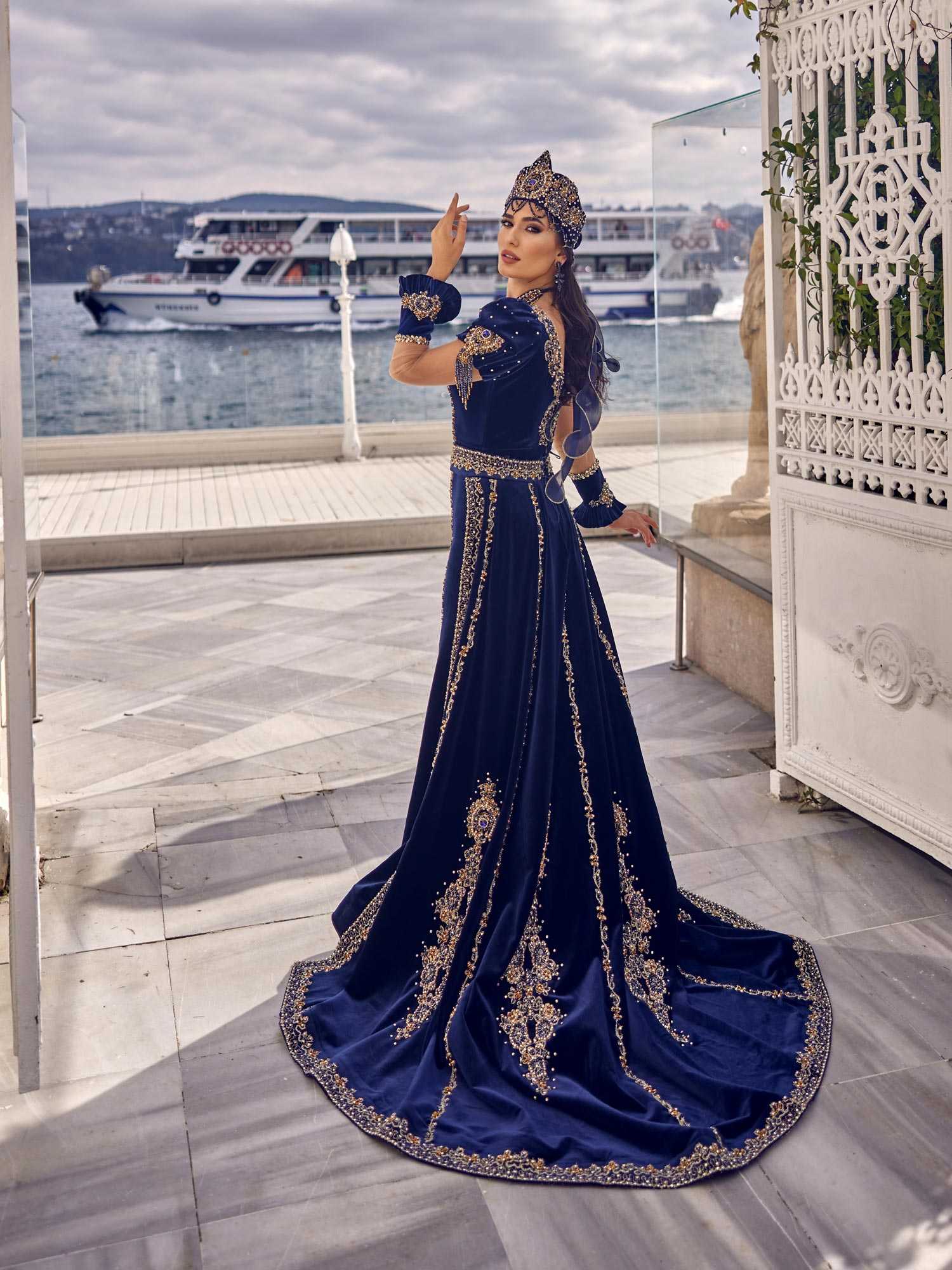 Navy Blue Long Tail Ethnic Slash Night Dress Caftan Sultan Dress Navy Blue Long Tail Ethnic Slash Night Dress Caftan Sultan Dress