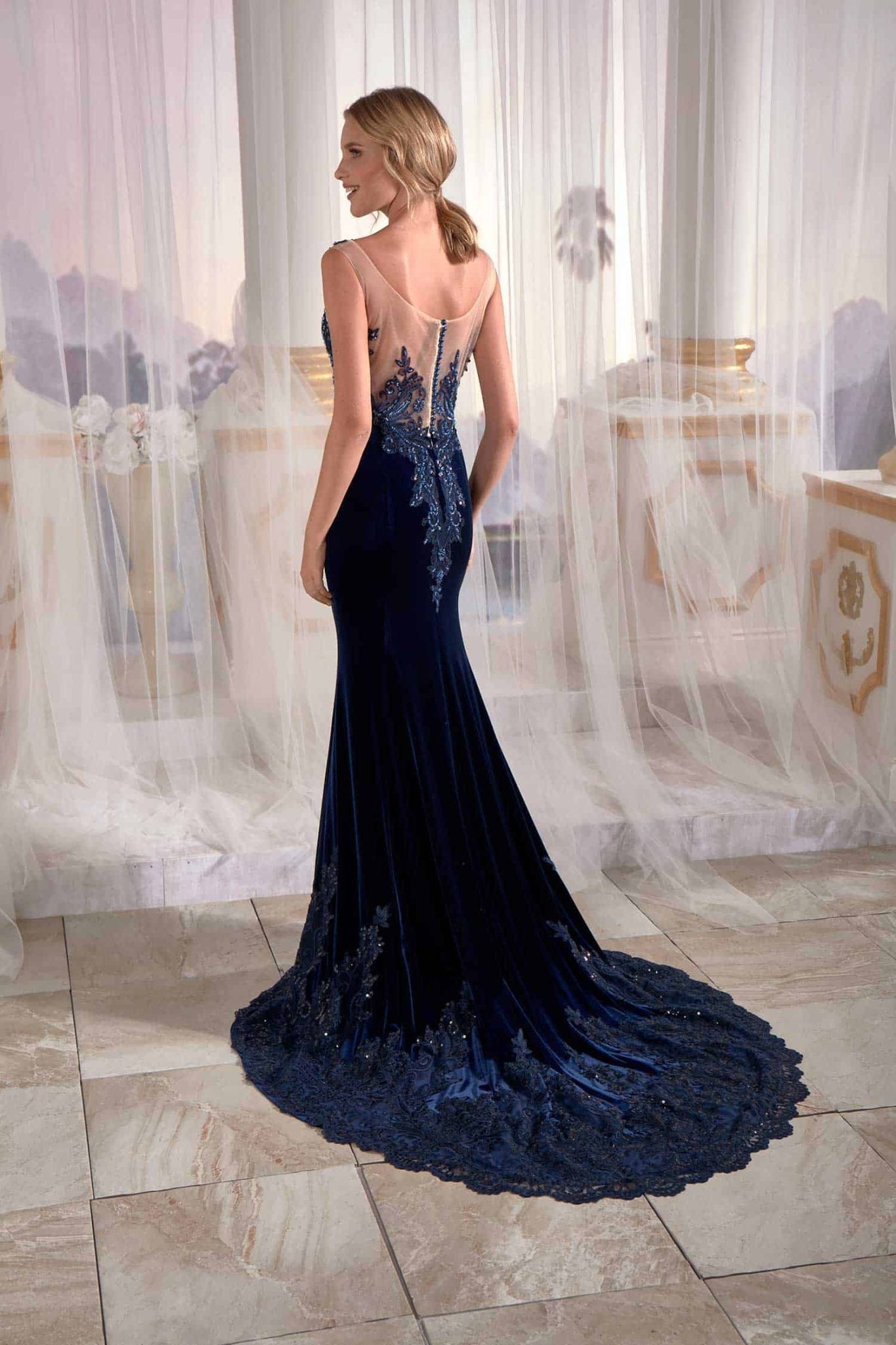 night dresses online Navy Blue Mermaid Maxi Prom Dress Velvet Open Back Needle & Thread Embroidered (3)