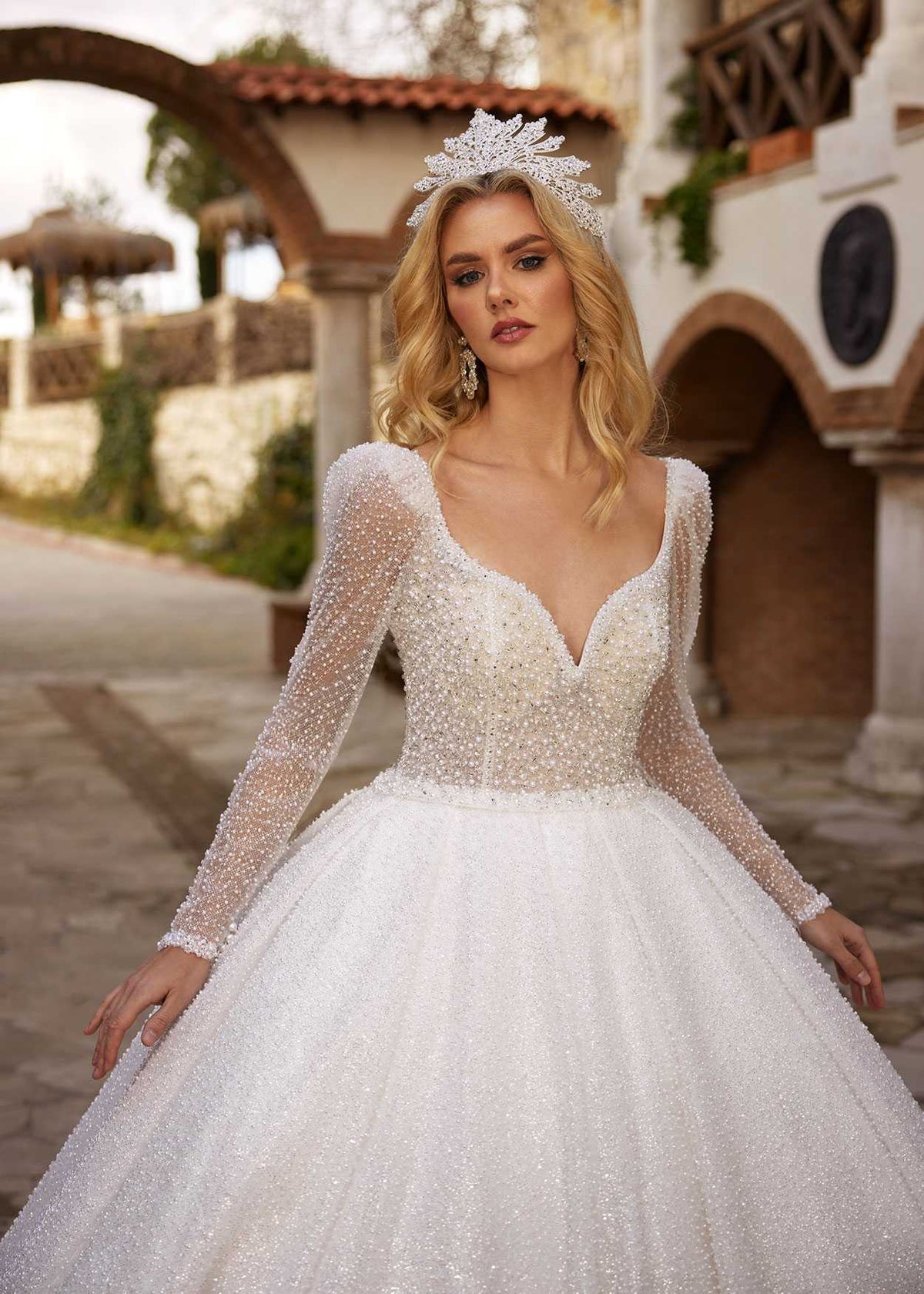 Buy Classic And Elegant Pearl Beaded A line Train Wedding Dress With Sheer Sleeves plus sizes discounted online wedding stores