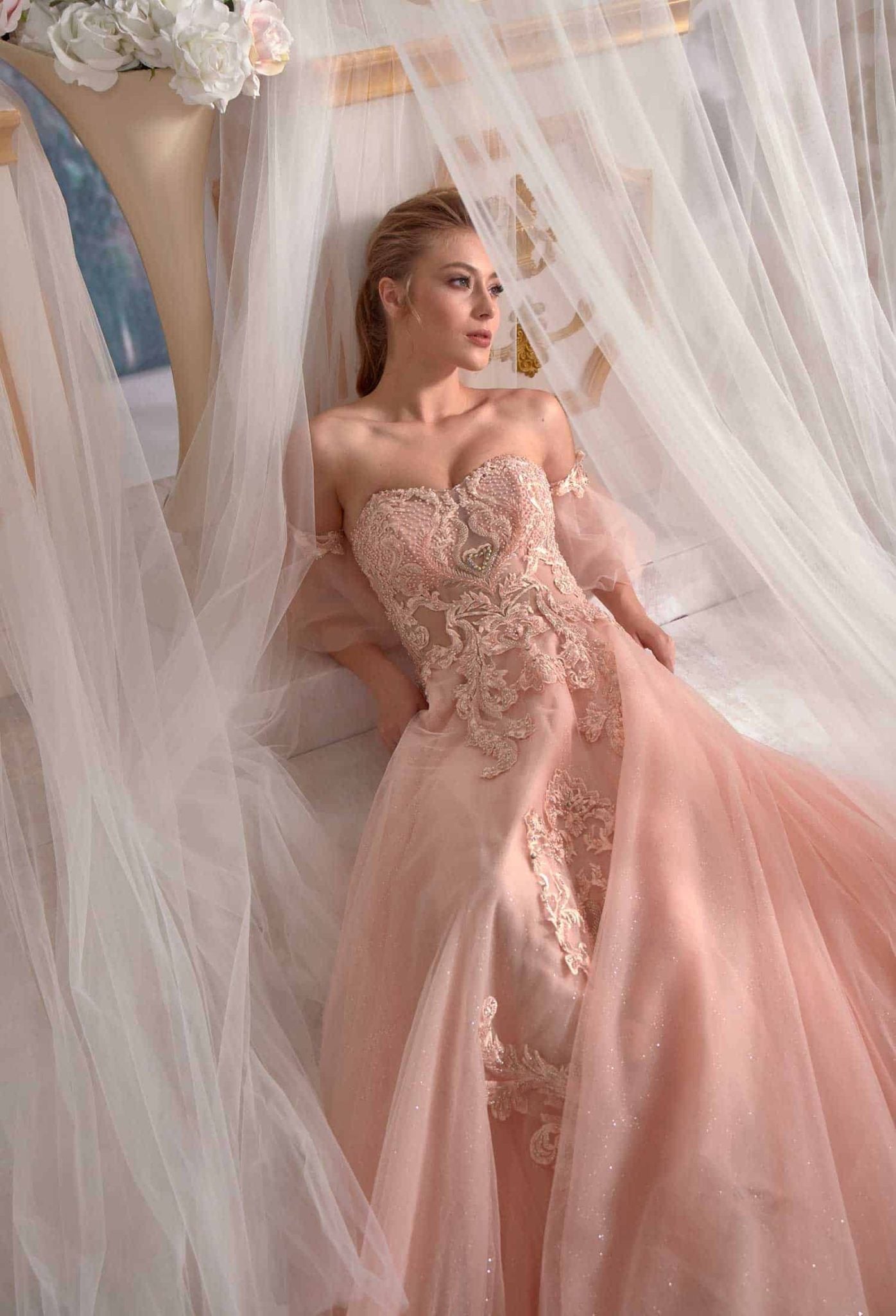 pink engagement dress Pink A-Line Organza Long Prom Dress Engagement Dress with Puff Sleeves fg5426