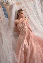 party dresses online Pale Yellowish Pink Evening Dress Tulle on Pearl Applique Needle & Thread embroidered Cold Shoulder (3)