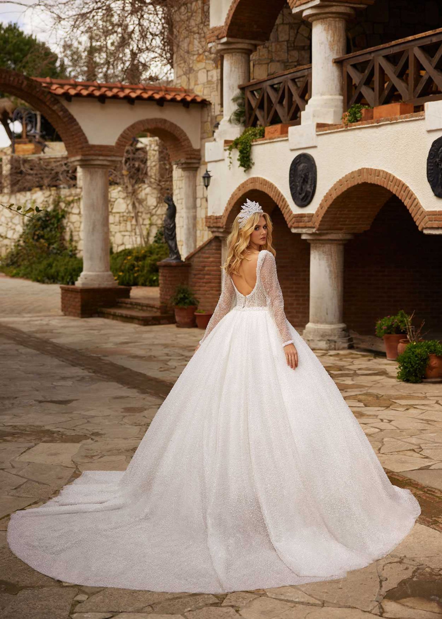 Classic And Elegant Pearl Beaded A line Train Wedding Dress With Sheer Sleeves 38