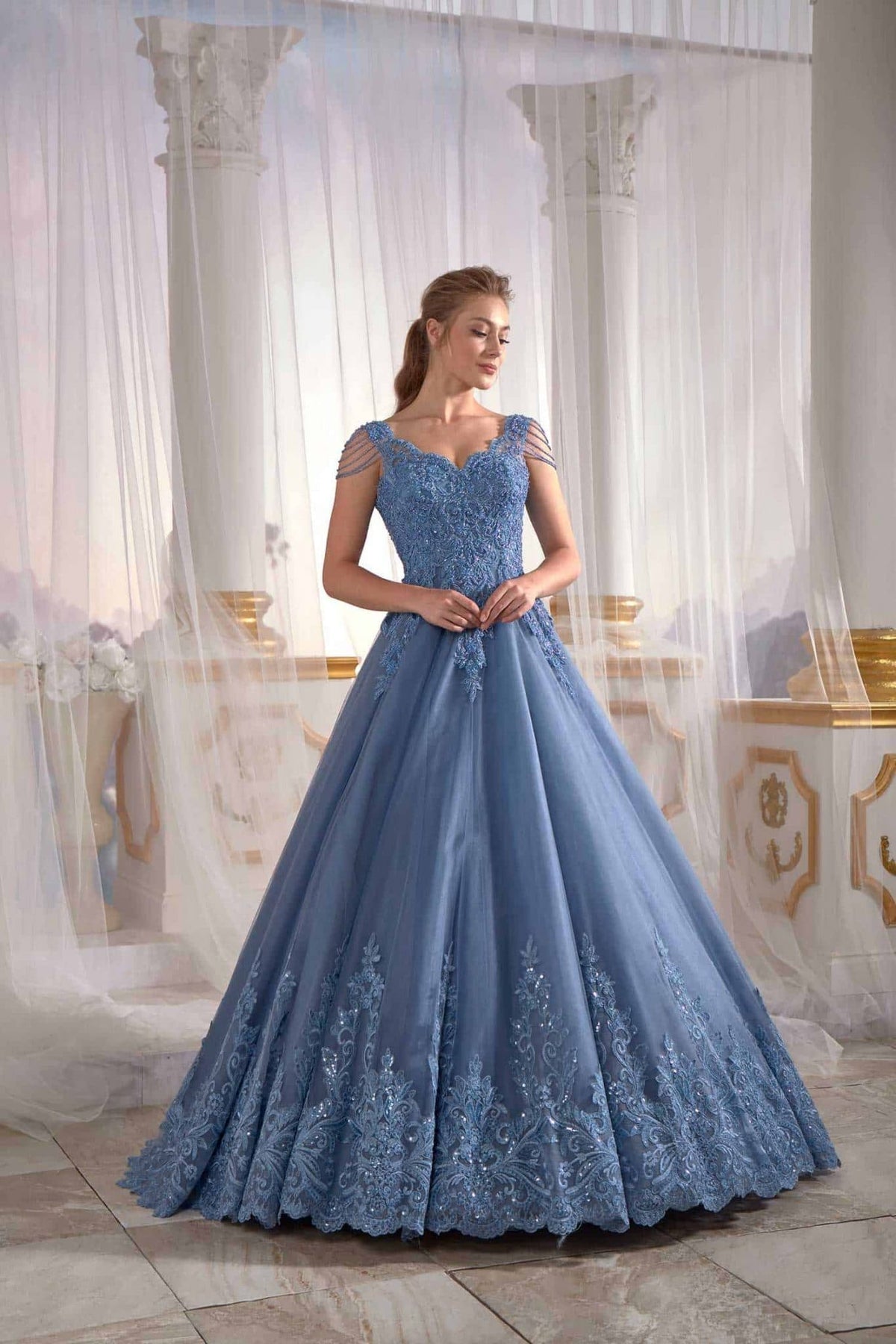 prom dress shopping Anthracite Blue Low Sleeve Halter Long Evening Dress Needle & Thread embroidered (1)