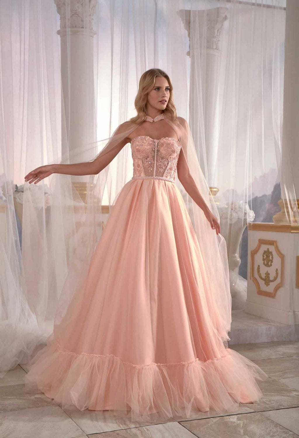 prom dress shopping Pale Yellowish Satin Prom Dress Luxury Cold Shoulder Pleated Embellished With Tulle Cape Back (3)
