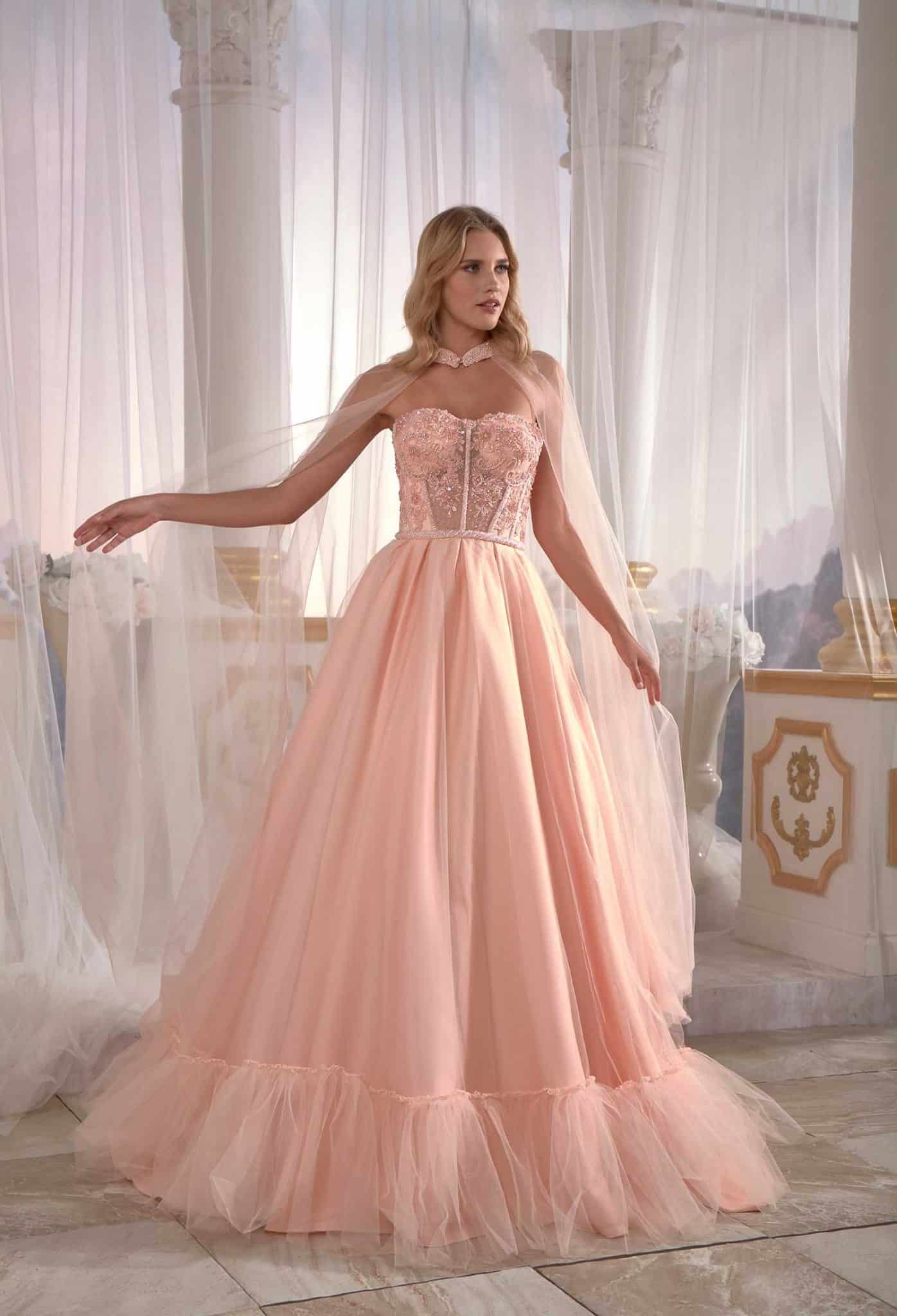 prom dress shopping Pale Yellowish Satin Prom Dress Luxury Cold Shoulder Pleated Embellished With Tulle Cape Back (3)
