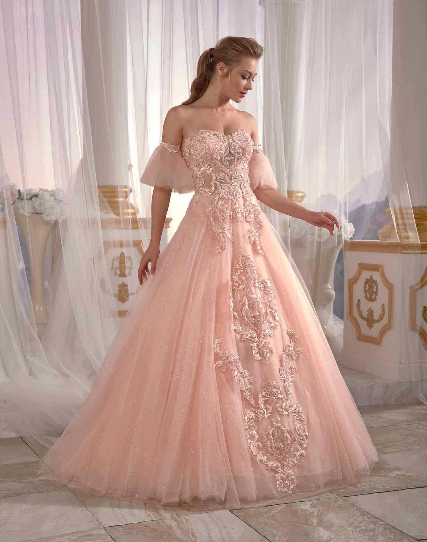 prom dresses online Pale Yellowish Pink Evening Dress Tulle on Pearl Applique Needle & Thread embroidered Cold Shoulder (2)