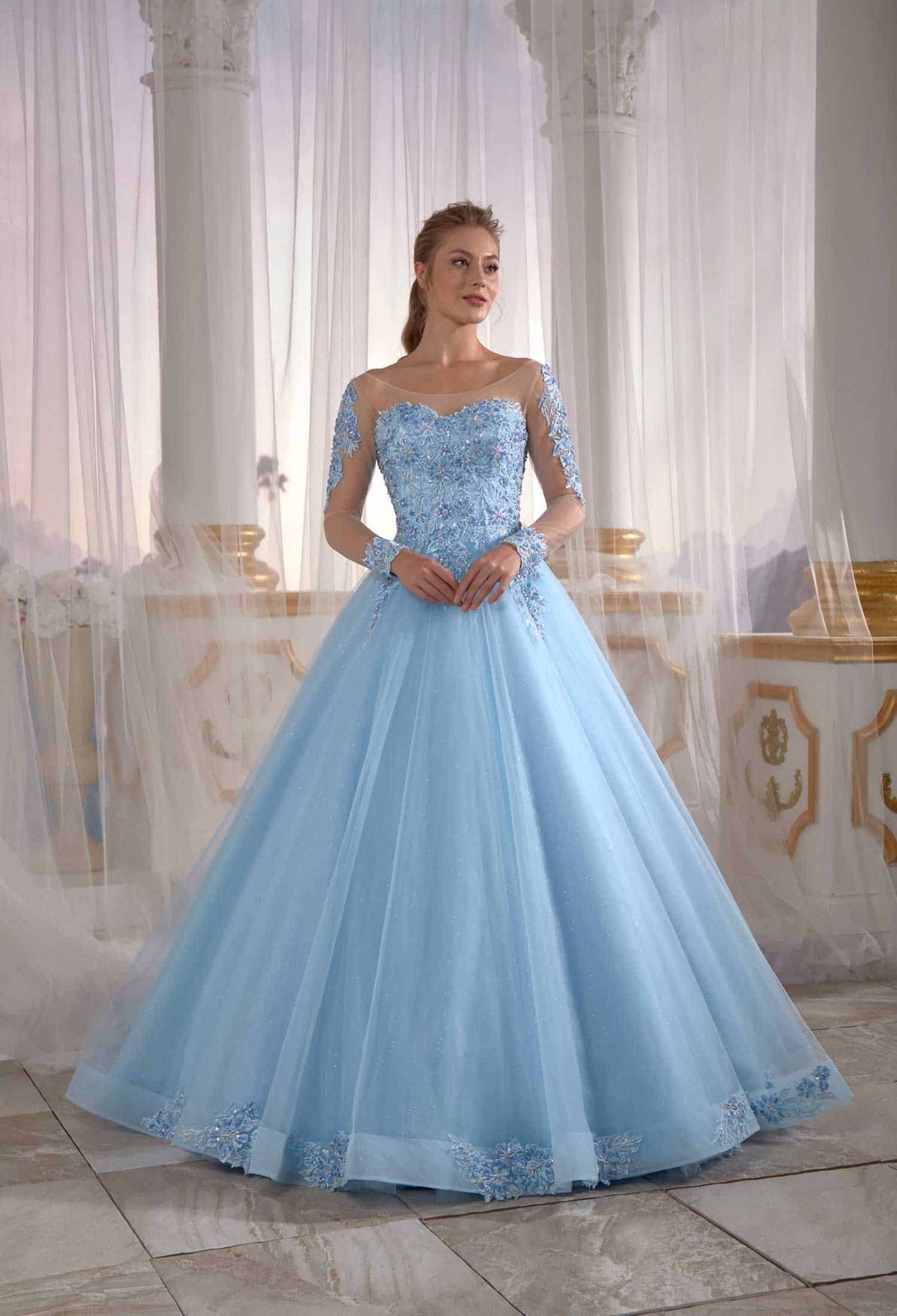 prom dresses online İce Blue Tulle Engagement Dress Pleated Open Back Embellished Top Detail Cold Shoulder (1)