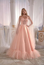 prom shops Pale Yellowish Satin Prom Dress Luxury Cold Shoulder Pleated Embellished With Tulle Cape Back (2)