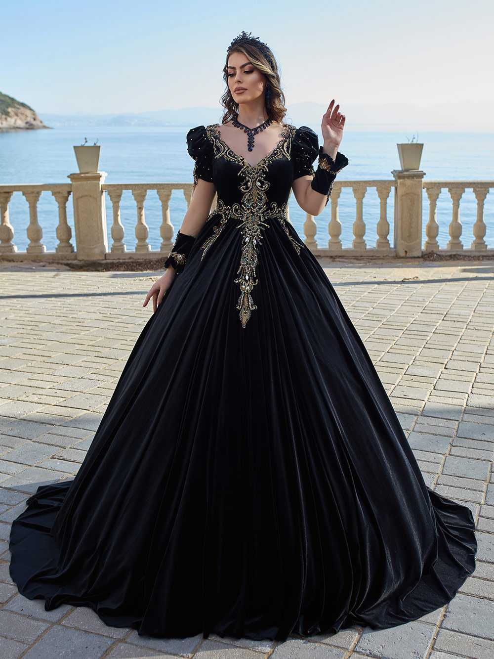 buy inexpensive Black Tulle Sleeve Beaded Prom Party Gown Dress