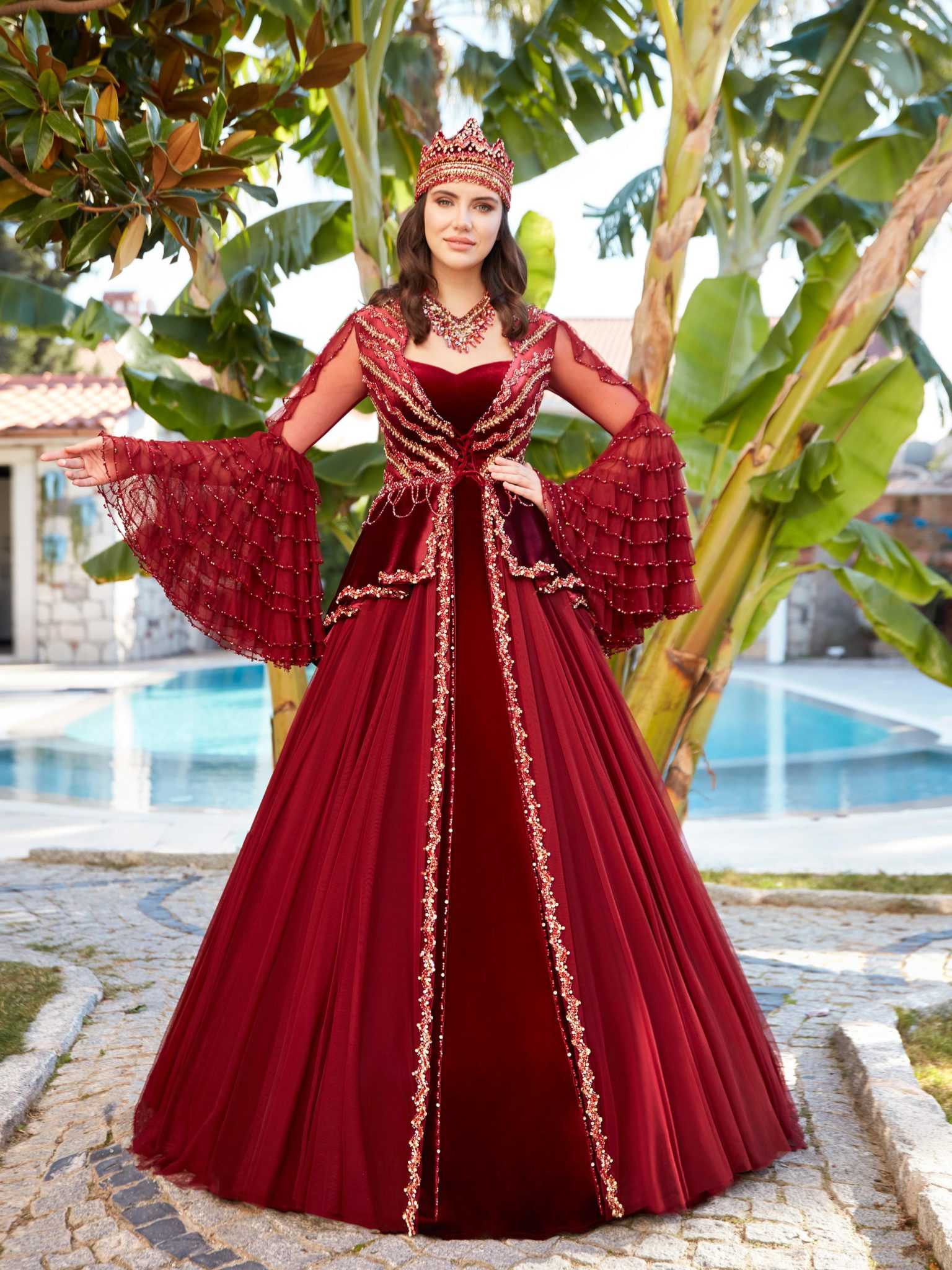 buy Red Elegant Turkish Henna Gown With Spanish Sleeves online store