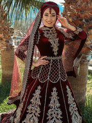 red burgundy long sleeve embroidery sequined mehndi party bridal dress for ladies (1)