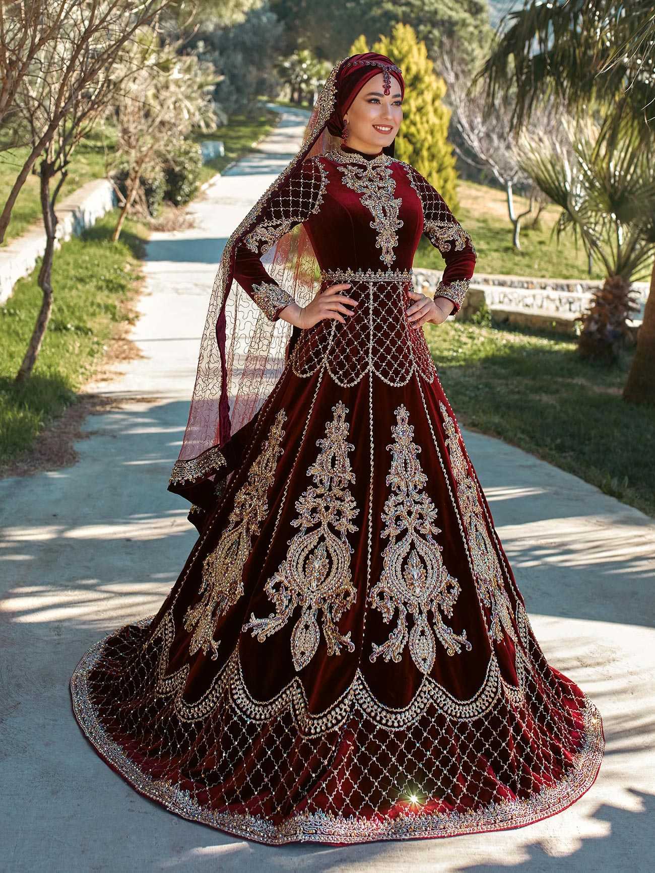 red burgundy long sleeve embroidery sequined mehndi party bridal dress for ladies (3)