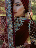 red burgundy long sleeve embroidery sequined mehndi party bridal dress for ladies (4)