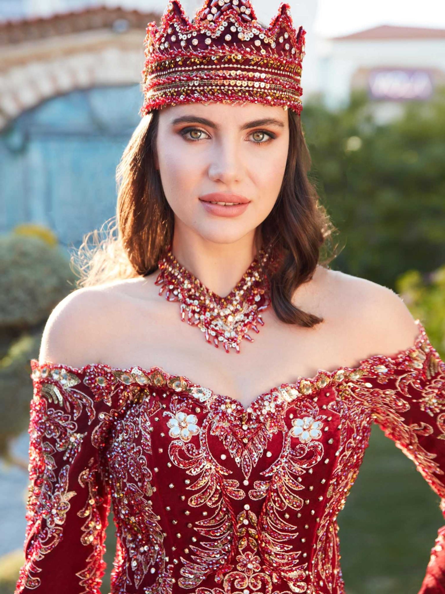 Red Off Shoulder Heavily Embroidered Cathedral Train A Line Dress 38