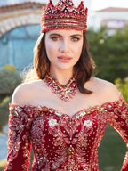 Close-up detail view of the off-shoulder neckline and intricate hand embroidery on the red A-line gown.