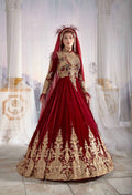 Full-length front profile of the red Ottoman Turkish caftan dress with golden embroidery for Islamic party wear by Sultan Dress.