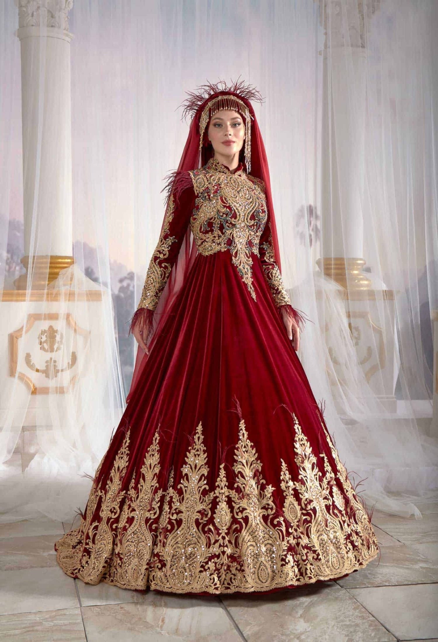 Full-length front profile of the red Ottoman Turkish caftan dress with golden embroidery for Islamic party wear by Sultan Dress.