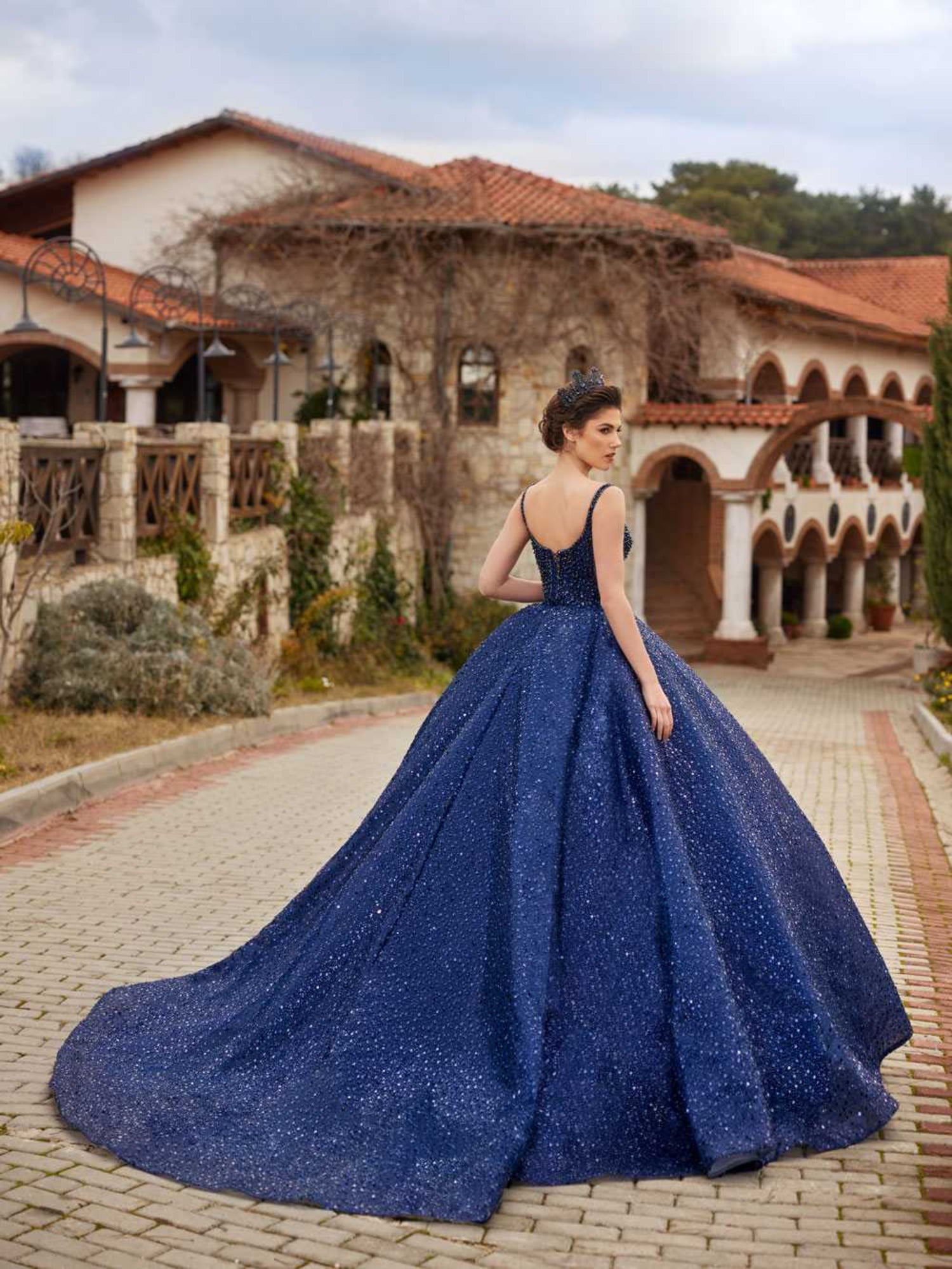 Rear view highlighting the scoop open back and dramatic long sequined train on the royal blue gown.