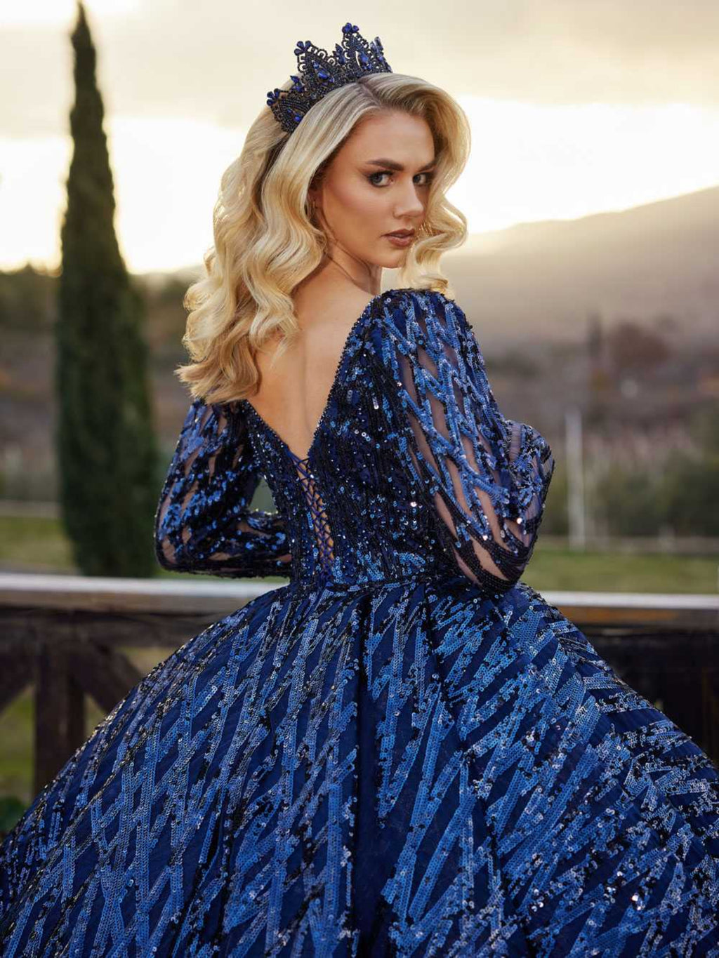 Rear view highlighting the V-shaped open back, lace-up corset closure, and shimmering long sleeves on the royal blue gown.Dress