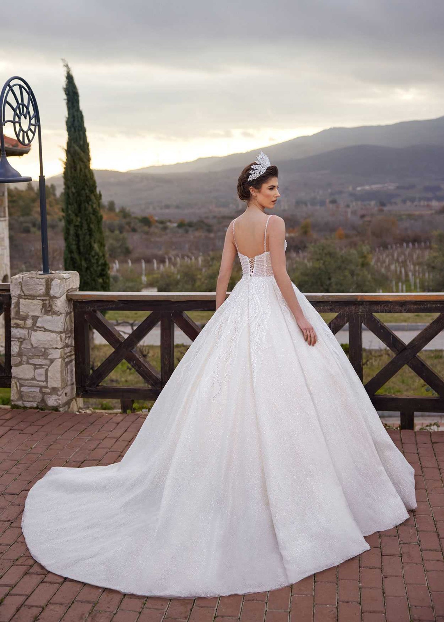 Rear view showing the open V-back corset lace-up and sweeping glitter cathedral train of the sunburst beaded ball gown.