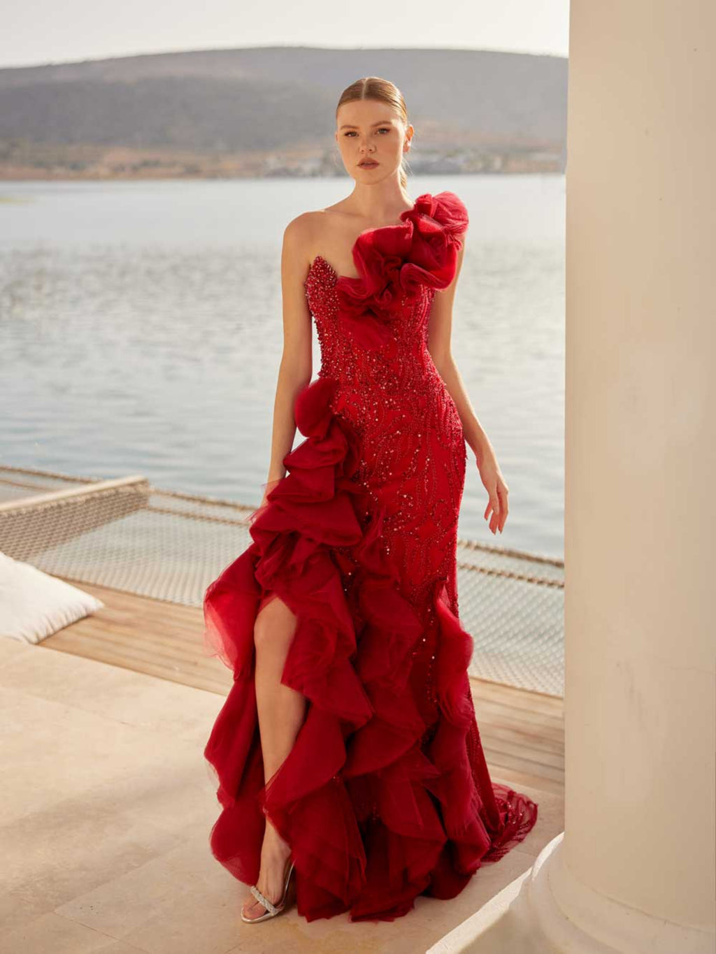 Spanish Red Long Flamenco Corset Dress 44