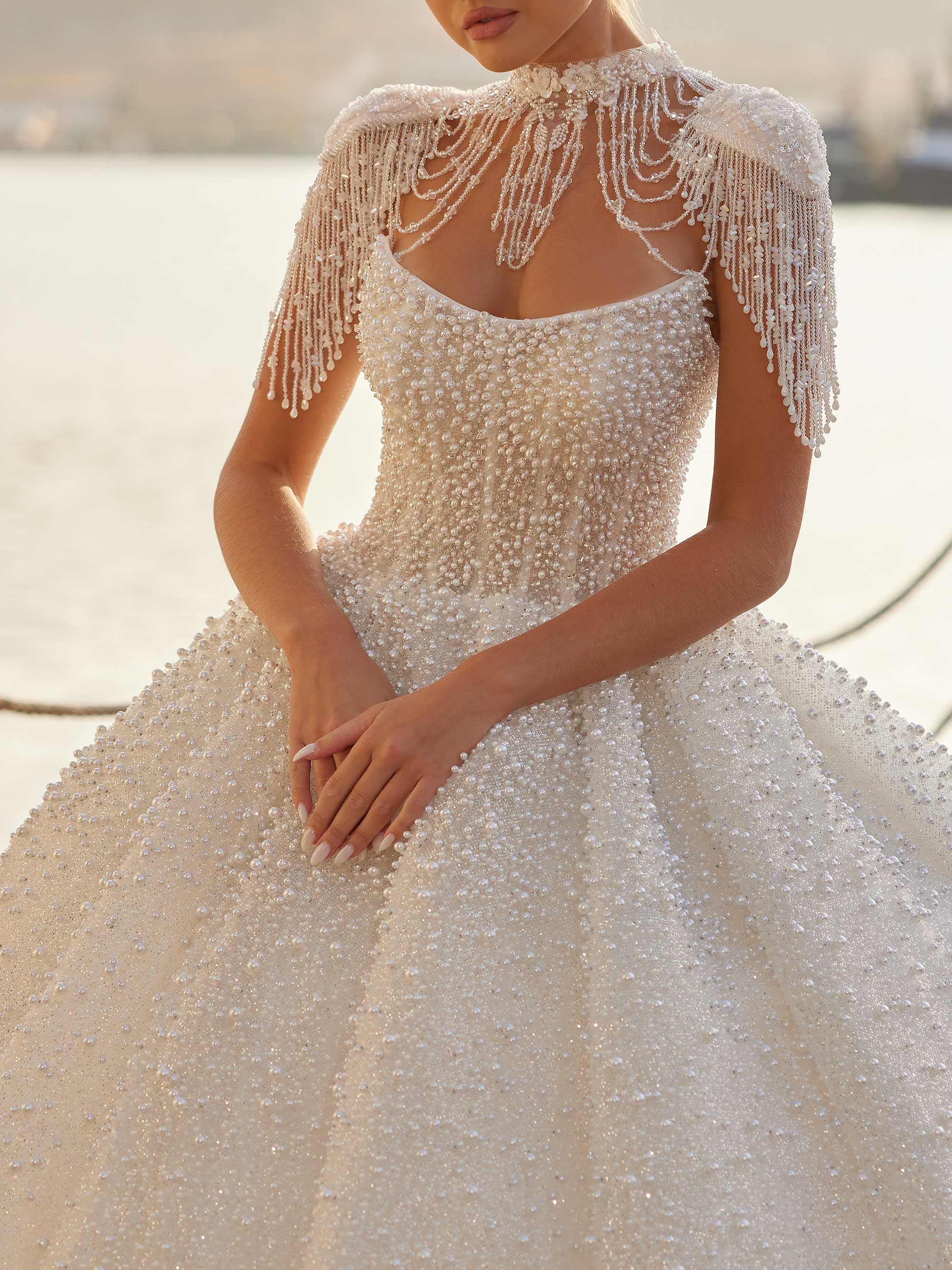 Pearl Embellished Strapless Train Wedding Dress 42