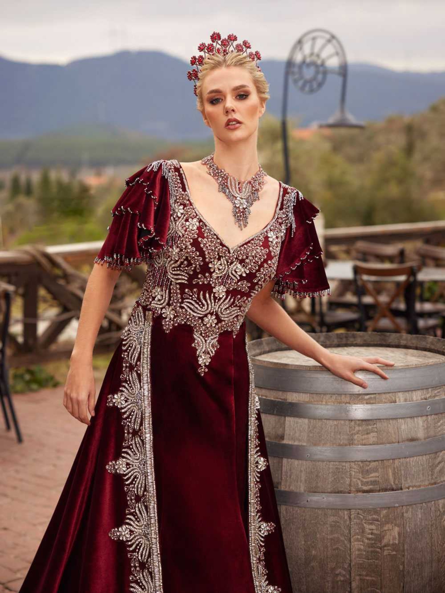 Burgundy Frill Sleeve A Line Embroidered V Neck Turkish Kaftan Gown 42