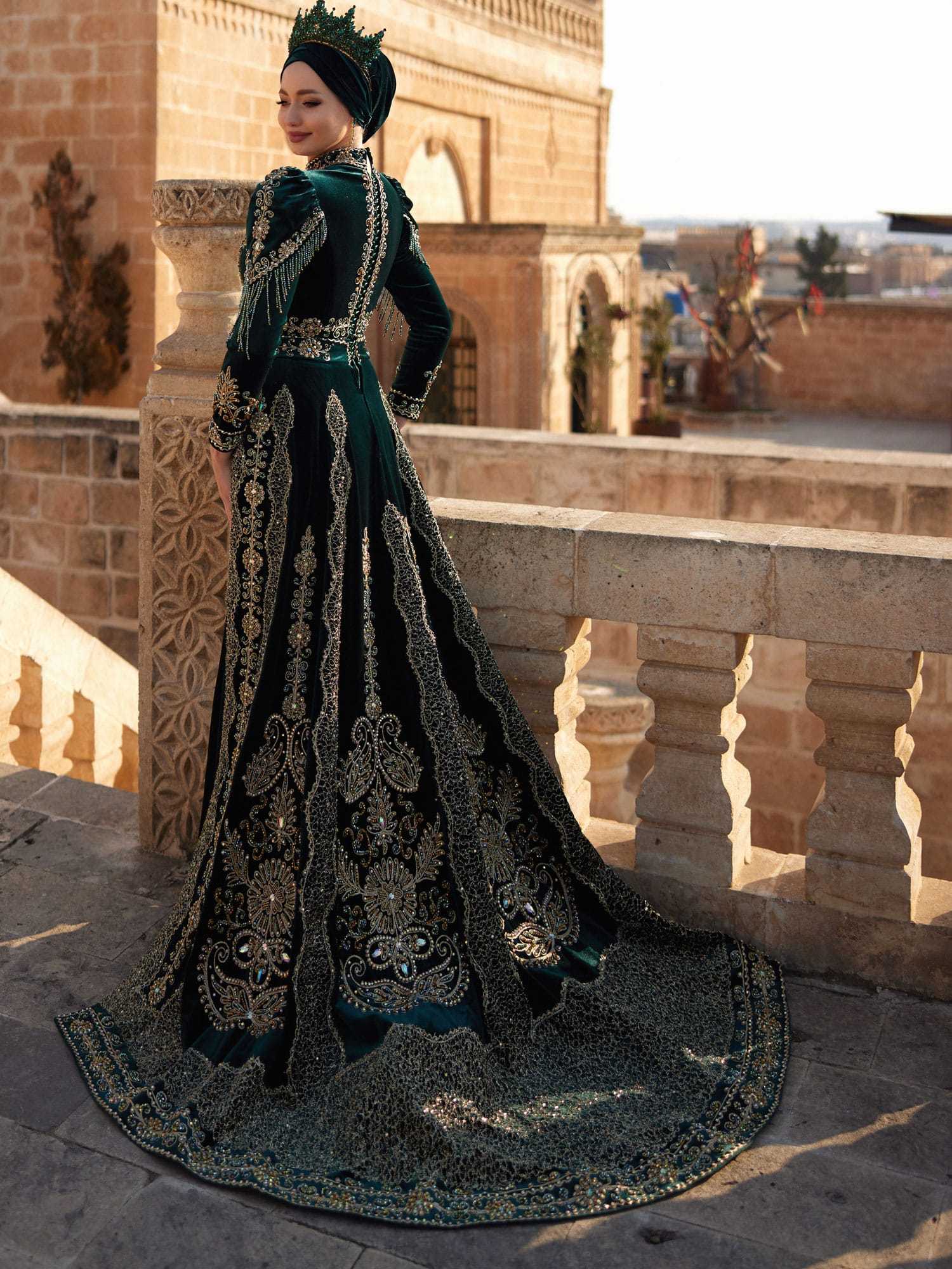 buy Luxury Gold Lace Embroidered Mermaid Velvet Hijab Evening Dress expensive luxury dress with detachable train online 